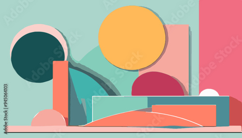 Wallpaper Mural Vector, abstract Bauhaus cityscape with geometric shapes, a limited color palette, and bold colors; minimalist and artistic composition of urban landscapes in contemporary graphic design. Torontodigital.ca