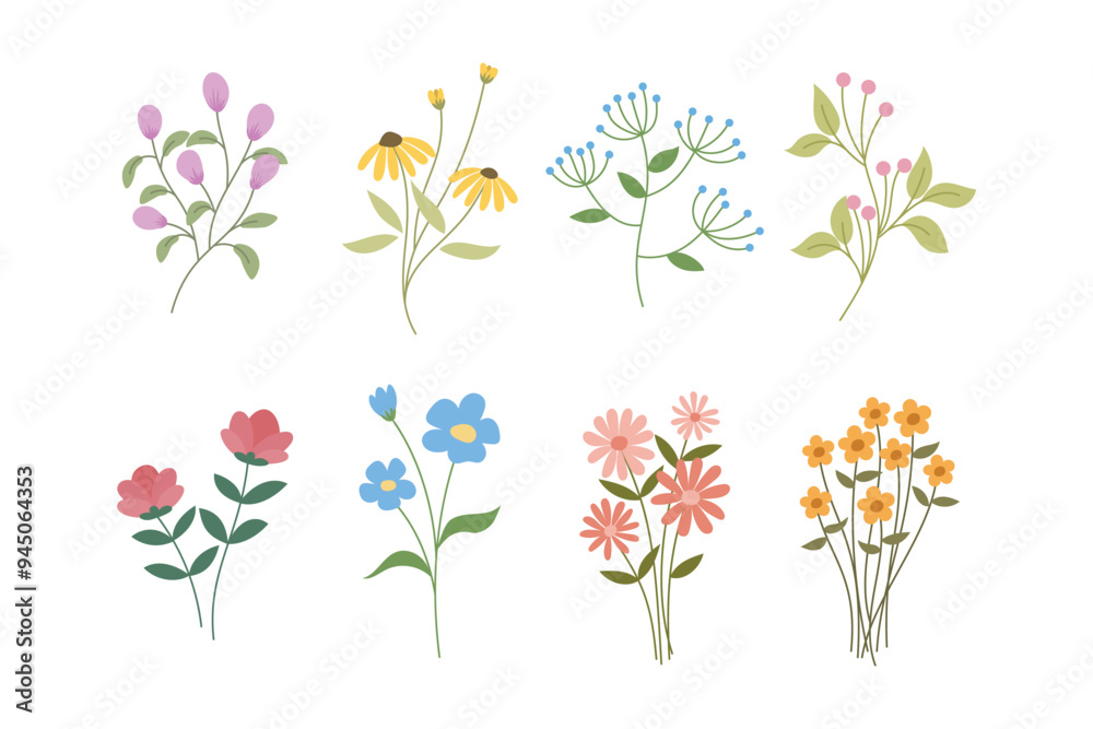 Collection of colorful flowers growing with stems and leaves, perfect for adding a touch of nature to any design Collection of colorful flowers growing with stems and leaves, perfect for adding a touch of nature to any design