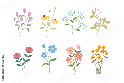 Collection of colorful flowers growing with stems and leaves, perfect for adding a touch of nature to any design