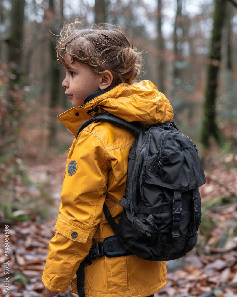 Young Girl in Yellow Jacket Hiking in the Woods Young Girl in Yellow Jacket Hiking in the Woods