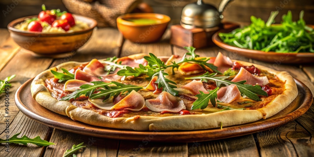 Golden light illuminates crispy ham and gooey pizza, surrounded by arugula, wooden textures, and vintage ceramics, evoking cozy comfort and joy. Golden light illuminates crispy ham and gooey pizza, surrounded by arugula, wooden textures, and vintage ceramics, evoking cozy comfort and joy.