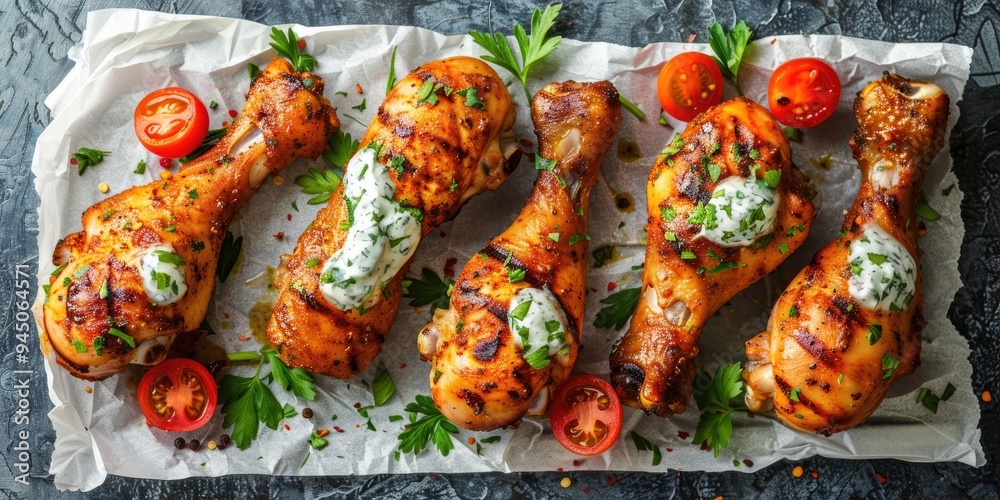 Φωτογραφία Overhead view of grilled chicken drumsticks on parchment paper, accompanied by tzatziki sauce, tomatoes, and fresh parsley