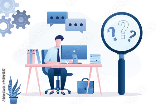 Recruitment process, HR manager conducting interview with magnifying glass detailed candidate assessment thorough questioning focused recruitment meticulous hiring.