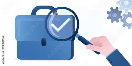 Job search. Giant briefcase. Job seeker or applicant hand uses magnifying glass for work search, concept. Unemployment, head hunting, career.