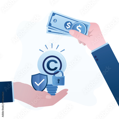 Author or owner hand holds an idea protected by trademark. Buyer or investor offers money to buy the rights or use license. Selling rights to brand or royalties for using license