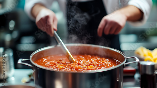 Stirring a Steaming Pot of Tomato-Based Stew with Vegetables and Meat - A chef stirs a large pot of steaming tomato-based stew filled with chunks of vegetables and meat. photo