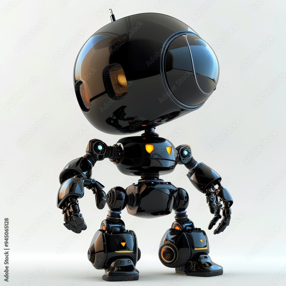 A black robot with a large head and small body, standing on a white background. A black robot with a large head and small body, standing on a white background.
