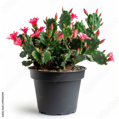 A blooming pink cactus plant in a black pot isolated on a white background. photo