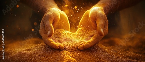 Close-up of a gold miner gritty hands sifting through golden sand with a powerful spotlight emphasizing the shimmer of precious metal and mining tools
