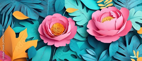 Fototapeta Naklejka Na Ścianę i Meble -  Vibrant paper cut craft design showcasing blooming peonies and intricate foliage with a modern twist