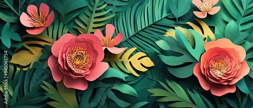 Fototapeta Naklejka Na Ścianę i Meble -  Vibrant paper cut craft design showcasing blooming peonies and intricate foliage with a modern twist