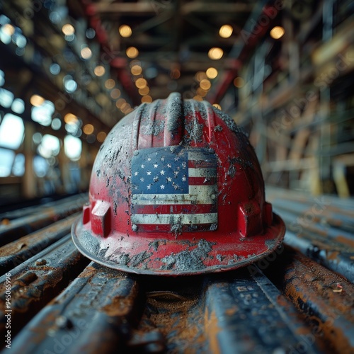 Worn Hardhat with American Flag