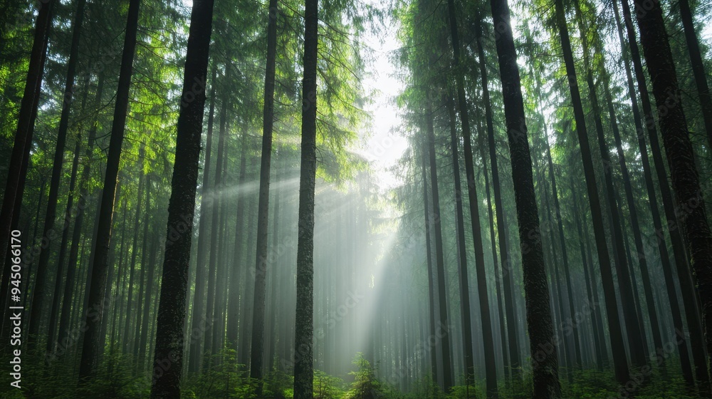 Early morning sunlight streams through a misty pine forest, illuminating the lush green forest floor and creating a magical ambiance.