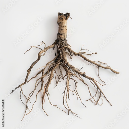 A close-up of a plant's root system with brown, fibrous roots branching out from a thick stem against a white background.