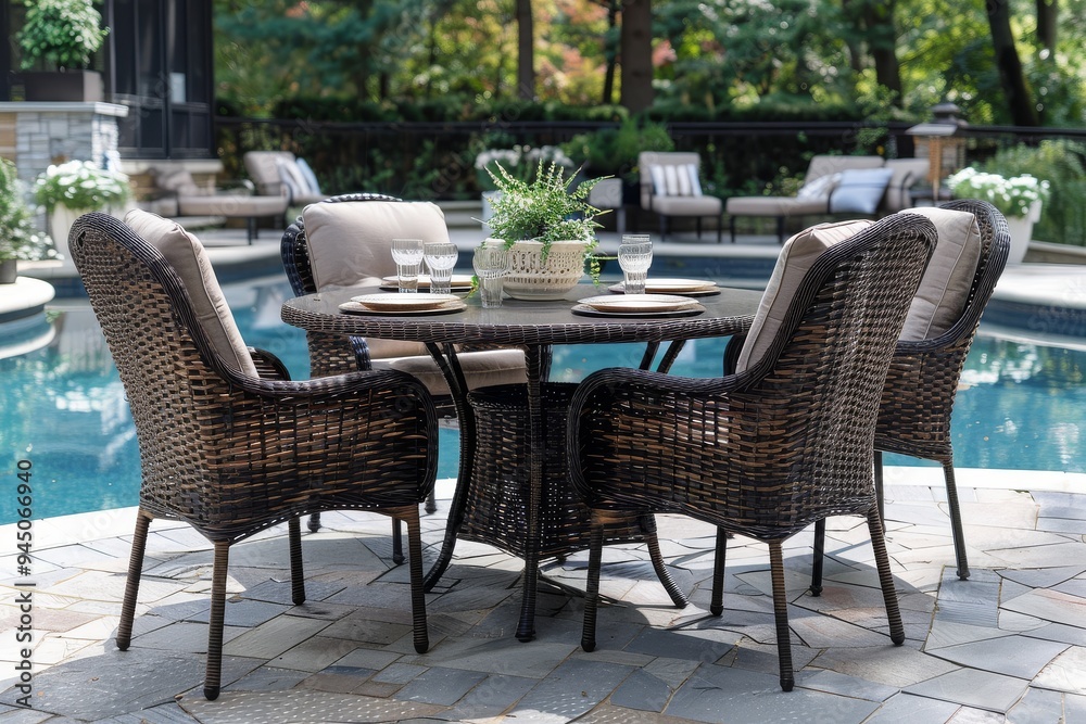 Outdoor wicker dining set with oval table and four chairs by the poolside, dark brown rattan furniture for patio relaxation. Outdoor wicker dining set with oval table and four chairs by the poolside, dark brown rattan furniture for patio relaxation.