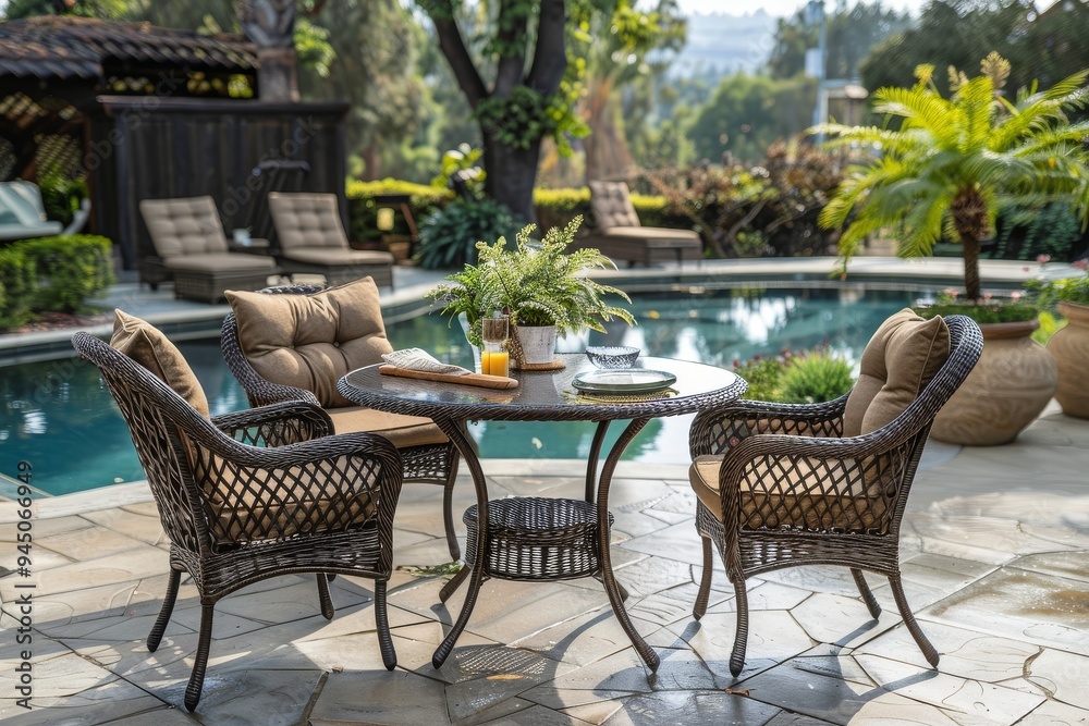 Outdoor wicker dining set with oval table and four chairs by the poolside, dark brown rattan furniture for patio relaxation. Outdoor wicker dining set with oval table and four chairs by the poolside, dark brown rattan furniture for patio relaxation.