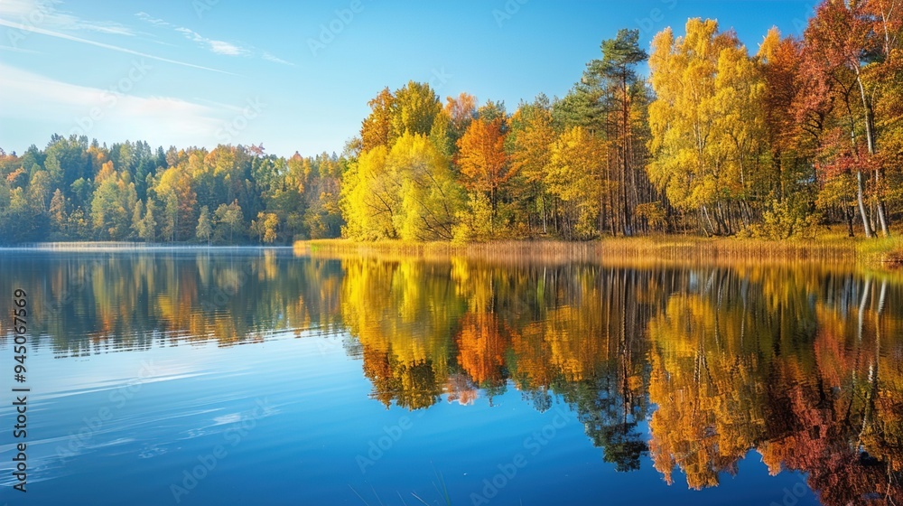 Obraz premium A calm lake reflecting the vibrant colors of autumn trees, conveying the importance of finding inner peace and serenity for mental well-being.