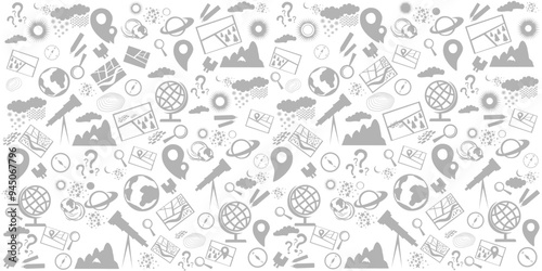 Geography symbols seamless pattern. Equipments for web banners background. Education concept. Back to school background. Set of geography symbols. Cartoon illustration for school subject design. 