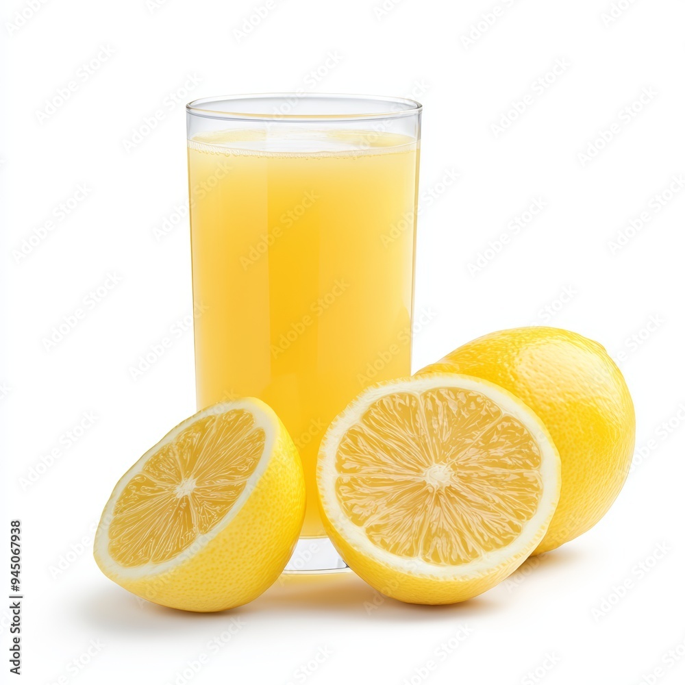 A glass of freshly squeezed lemon juice with lemons isolated on a white background. A glass of freshly squeezed lemon juice with lemons isolated on a white background.