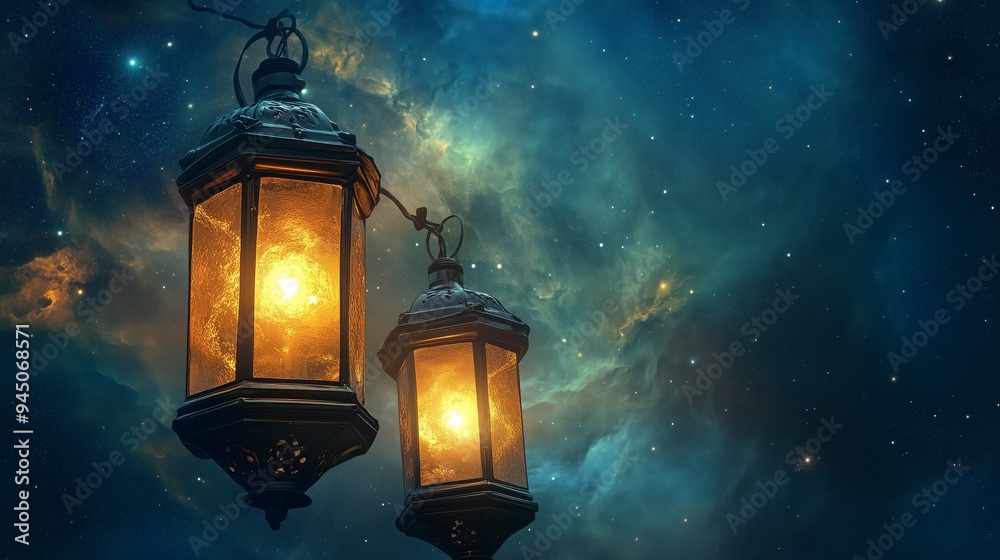 Two glowing lanterns against a cosmic backdrop, evoking a sense of wonder and exploration. Two glowing lanterns against a cosmic backdrop, evoking a sense of wonder and exploration.