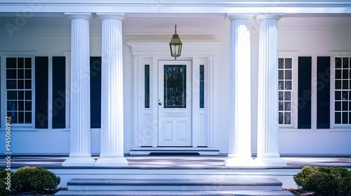 Photograph of a classic colonial style house featuring white pillars a traditional facade and ample copy space for overlay or text