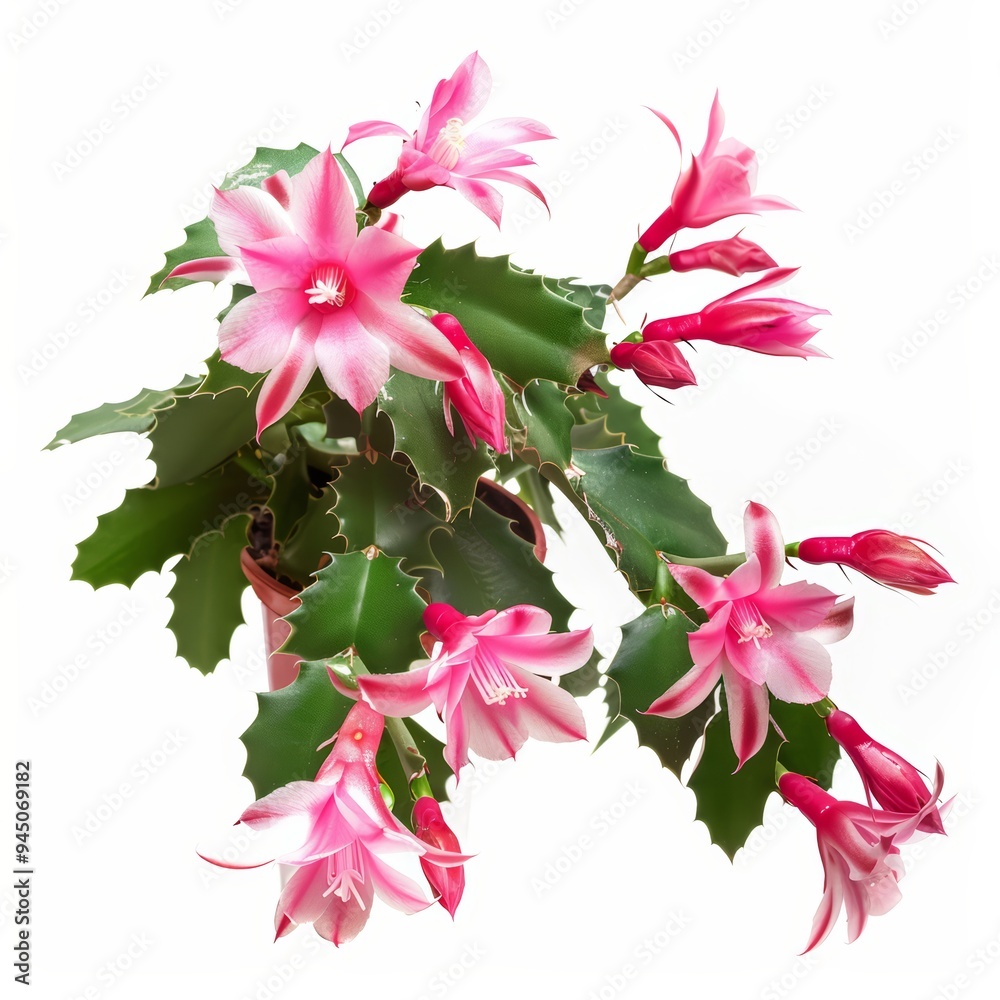 A pink and white Christmas cactus blooms in a brown pot, isolated on a white background. A pink and white Christmas cactus blooms in a brown pot, isolated on a white background.