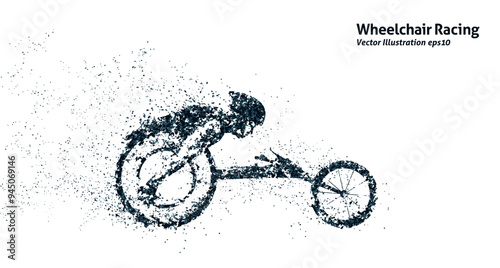 点描画風の車椅子ランナーのシルエット、２色のイラストレーション。