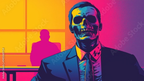 A colorful, surreal illustration of a skeleton in a suit, conveying themes of mystery and intrigue in a modern setting. photo