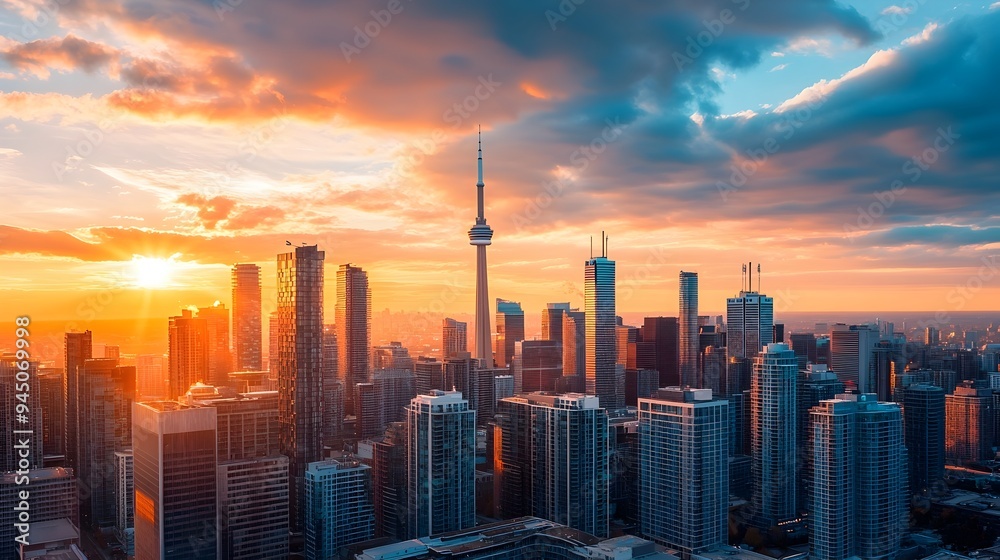 Fototapeta premium Vibrant Urban Skyline at Breathtaking Sunset with Dramatic Silhouettes and Copy Space Stunning cityscape panorama of a modern metropolitan city with skyscrapers and high rise buildings at dusk