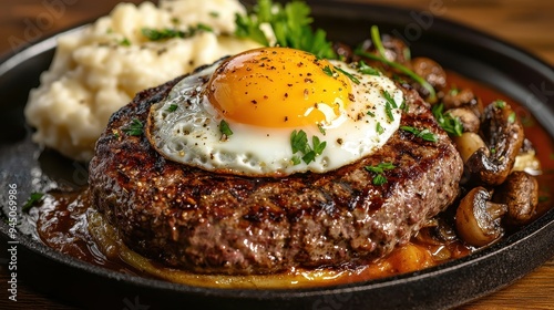 A delicious hamburger steak topped with a fried egg, served with creamy mashed potatoes and sauteed mushrooms.