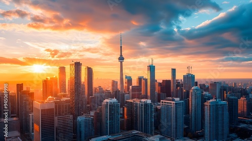 Vibrant Urban Skyline at Breathtaking Sunset with Dramatic Silhouettes and Copy Space  Stunning cityscape panorama of a modern metropolitan city with skyscrapers and high rise buildings at dusk