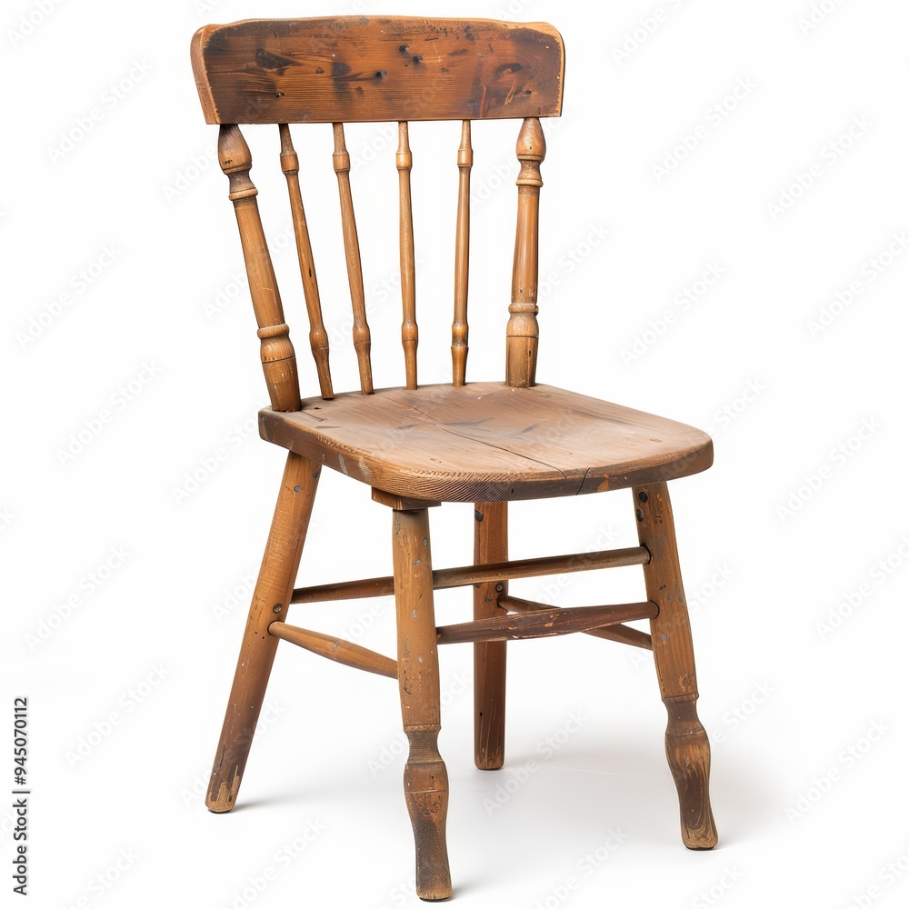 A simple wooden chair with a rustic and antique look, isolated on a white background. A simple wooden chair with a rustic and antique look, isolated on a white background.