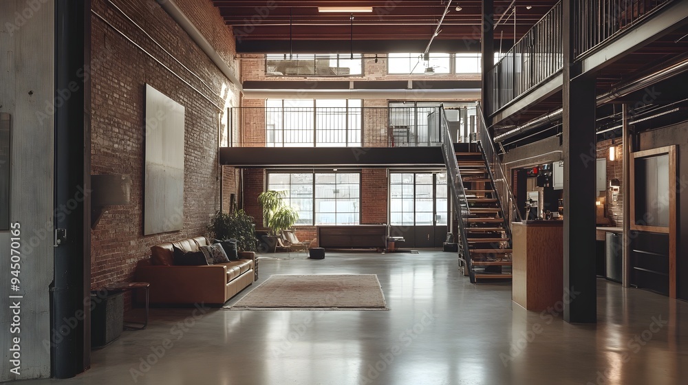 Converted industrial warehouse repurposed into a modern open concept loft apartment with ample natural light exposed brick walls and a minimalist stylish interior design Converted industrial warehouse repurposed into a modern open concept loft apartment with ample natural light exposed brick walls and a minimalist stylish interior design