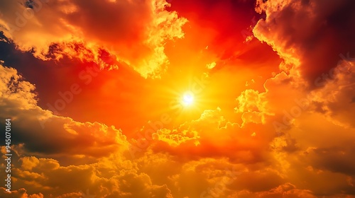 Intense Heatwave: Thermometer Showing 40Â°C with Red and Yellow Sky, Scattered Clouds, Extreme Summer Weather Concept