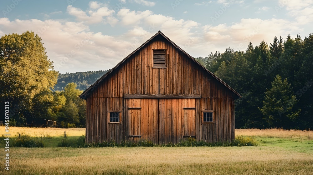 Rustic wooden barn nestled in a peaceful picturesque rural landscape with open copy space Perfect for nature countryside or agricultural themed design and advertising Rustic wooden barn nestled in a peaceful picturesque rural landscape with open copy space Perfect for nature countryside or agricultural themed design and advertising