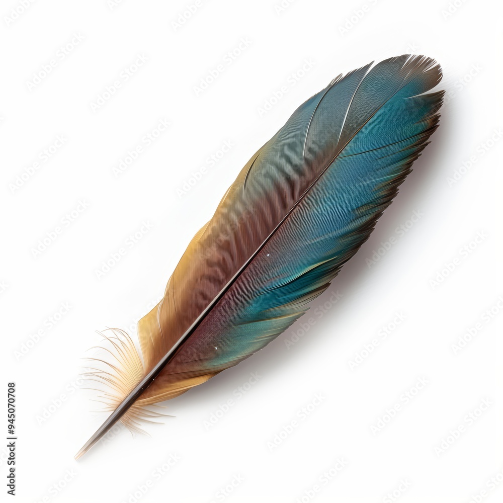 A single, colorful bird feather isolated on a white background. The feather has a brown, teal, and yellow color scheme. It is lying horizontally with the tip pointing to the right.