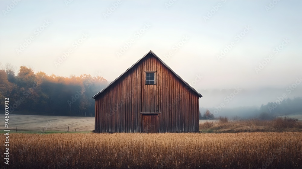 Photograph of a weathered and rustic wooden barn set in a peaceful rural landscape with a clear blue sky and lush green field in the background providing ample copy space for your design Photograph of a weathered and rustic wooden barn set in a peaceful rural landscape with a clear blue sky and lush green field in the background providing ample copy space for your design