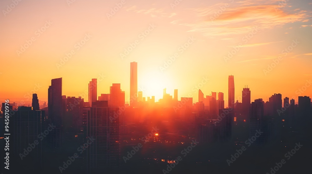Fototapeta premium Breathtaking urban skyline at dusk with striking skyscrapers silhouetted against a dramatic sunset sky