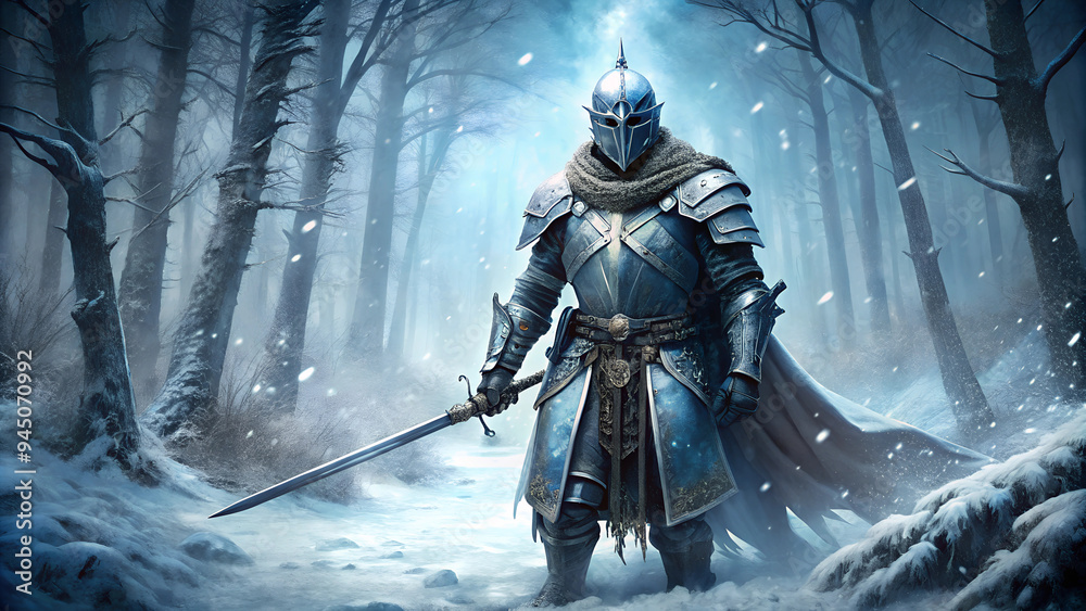 Medieval Knight with Sword and Shield in the Dark Frozen Forest. Medieval Knight with Sword and Shield in the Dark Frozen Forest.