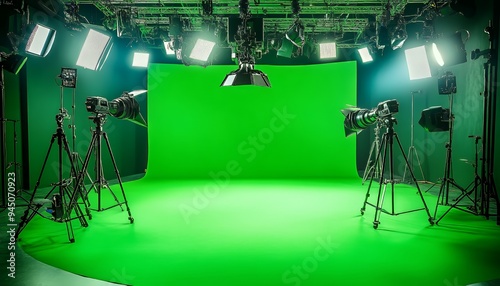 A green screen studio setup with lighting and cameras for video production.