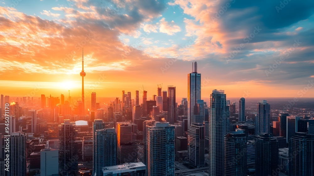 Fototapeta premium Stunning cityscape at dusk showing a panoramic view of a metropolitan city s skyscrapers and office buildings silhouetted against a vibrant gradient filled sky at sunset