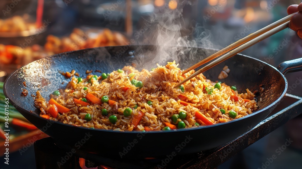 Delicious stir-fried rice with colorful vegetables, fresh herbs, and steam rising, perfect for culinary artwork. Delicious stir-fried rice with colorful vegetables, fresh herbs, and steam rising, perfect for culinary artwork.