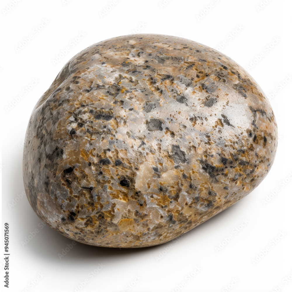 A smooth, round, grey and brown stone with white and black speckles, isolated on a white background.
