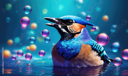 A blue jay is swimming in a pool of water with colorful bubbles surrounding it photo