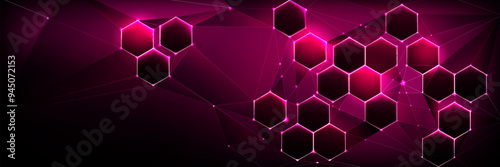 Medical or tech dark background with pink hexagon abstract pattern and bright flare. Realistic 3d vector illustration of science and technology wallpaper or banner with geometric honeycomb texture.