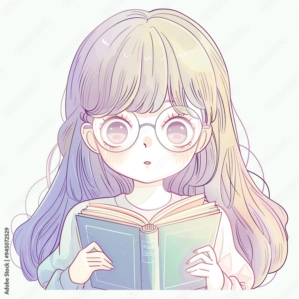 Cute anime-style girl with long hair and glasses reading a book, pastel colors, highly detailed and whimsical illustration. Cute anime-style girl with long hair and glasses reading a book, pastel colors, highly detailed and whimsical illustration.