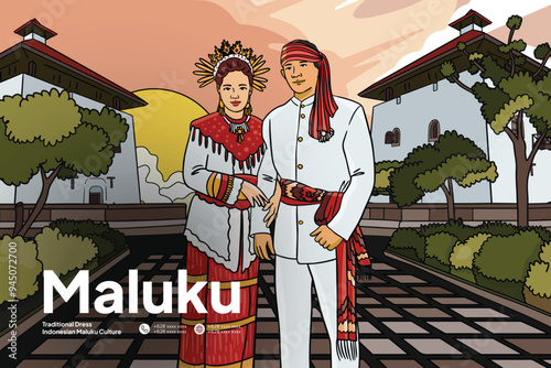 Indonesian Maluku culture and Landmark illustration layout template design