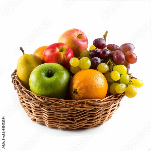 A wicker basket filled with fresh fruit, including apples, oranges, grapes, and a pear.