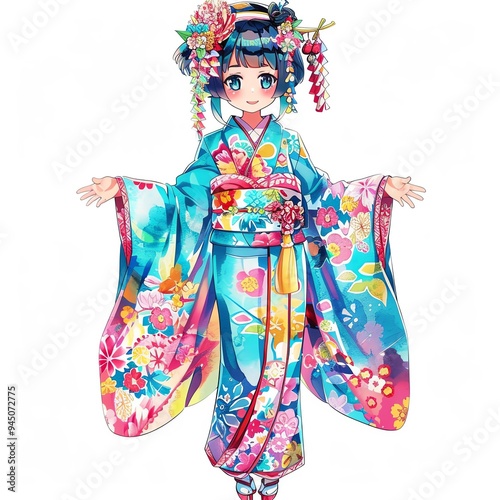 Colorful anime girl in traditional Japanese kimono with floral patterns, standing gracefully with arms outstretched, cheerful expression.