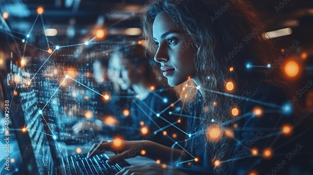 A focused individual working on a laptop amidst a network of digital connections. A focused individual working on a laptop amidst a network of digital connections.